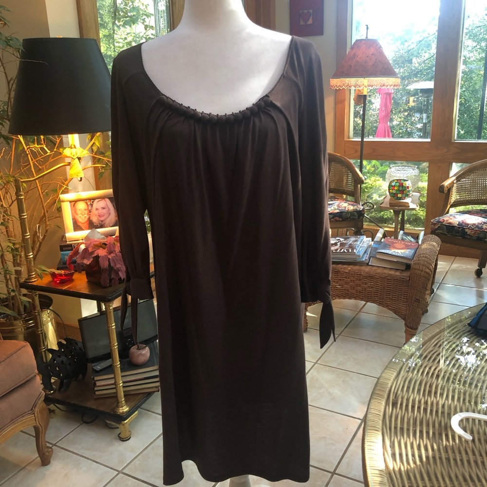 Nanette Lepore Deep Scoop Neck Size Large 3/4 Sleeved Chocolate A-Line D…